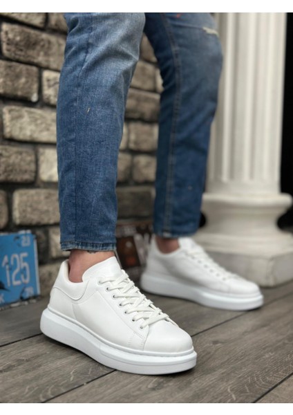 BA0547 Boa Kalın Yüksek Taban Beyaz Bağcıklı Spor Erkek Ayakkabı