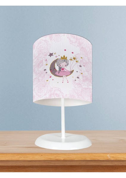 Bebek ve Çocuk Odası Ay Üzerinde Oturan Kız Desenli Motifli Abajur