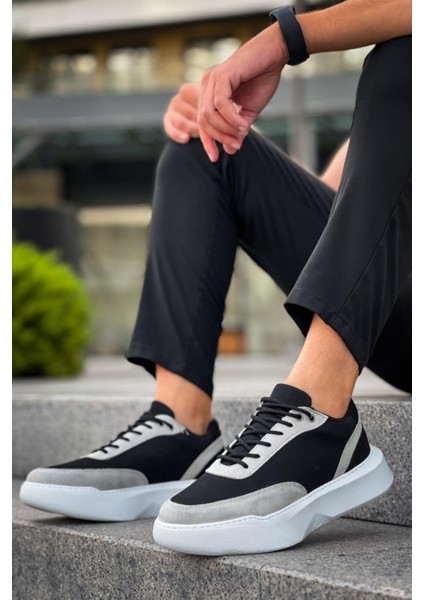BA0354 Günlük Bağcıklı Erkek Gri Parçalı Siyah Yüksek Taban Spor Ayakkabı fiyatları
