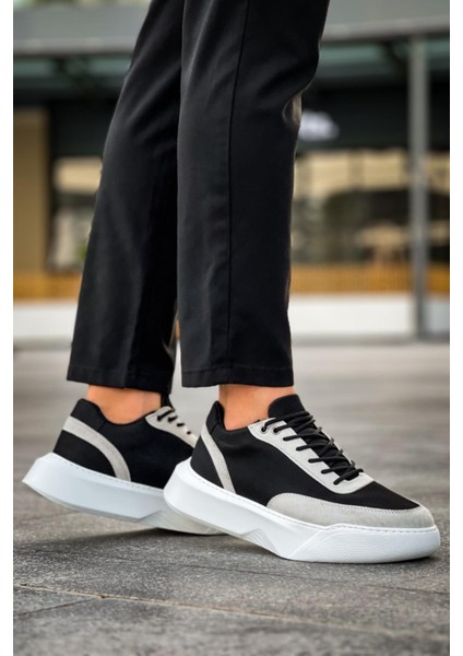 BA0354 Günlük Bağcıklı Erkek Gri Parçalı Siyah Yüksek Taban Spor Ayakkabı indirimleri
