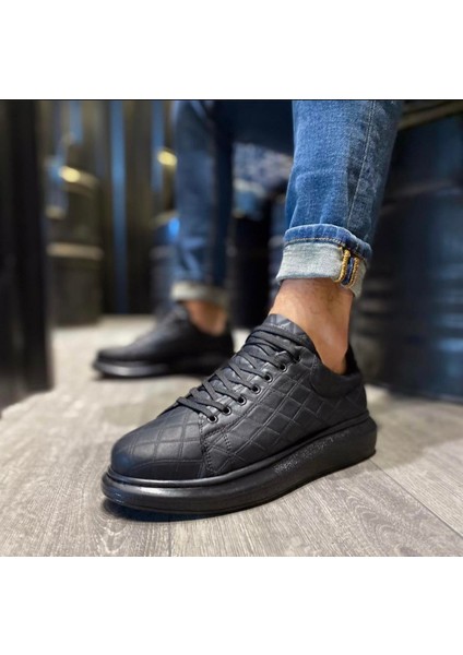 Yüksek Taban Günlük Ayakkabı 044 Kapitone Siyah (Siyah Taban)