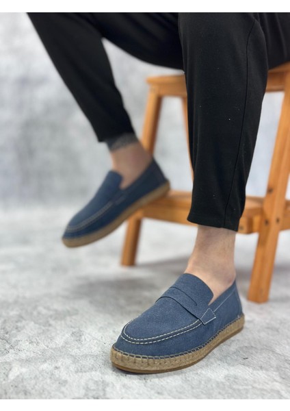 BA0359 Boa Doğal Deri Tozu Bağcıksız Kauçuk El Yapımı Espadril Taban Mavi Renk Erkek Ayakkabı