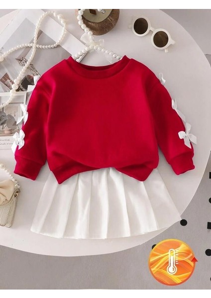 Fiyonk Kollu Kırmızı Beyaz Kız Çocuk Takımı