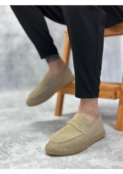 BA0359 Boa Doğal Deri Tozu Bağcıksız Kauçuk El Yapımı Espadril Taban Krem Renk Erkek Ayakkabı
