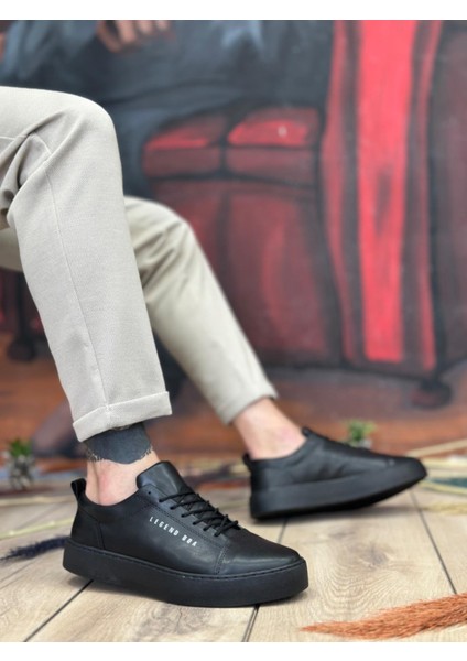 BA104 Boa Yüksek Siyah Cilt Siyah Taban Bağcıklı Erkek Ayakkabı