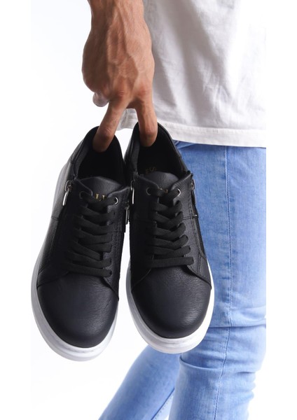 SLW155 Warrior Bağcıklı ve Fermuarlı Cilt Erkek Günlük Sneaker Ayakkabı Cbt - Siyah