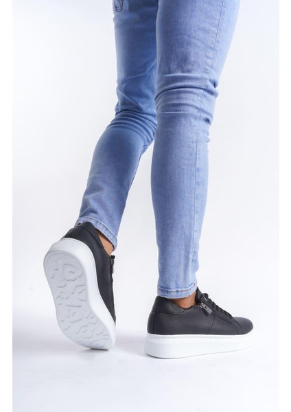 SLW155 Warrior Bağcıklı ve Fermuarlı Cilt Erkek Günlük Sneaker Ayakkabı Cbt - Siyah