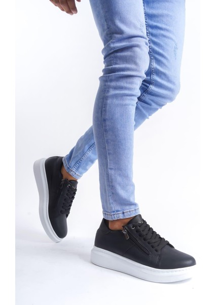 SLW155 Warrior Bağcıklı ve Fermuarlı Cilt Erkek Günlük Sneaker Ayakkabı Cbt - Siyah