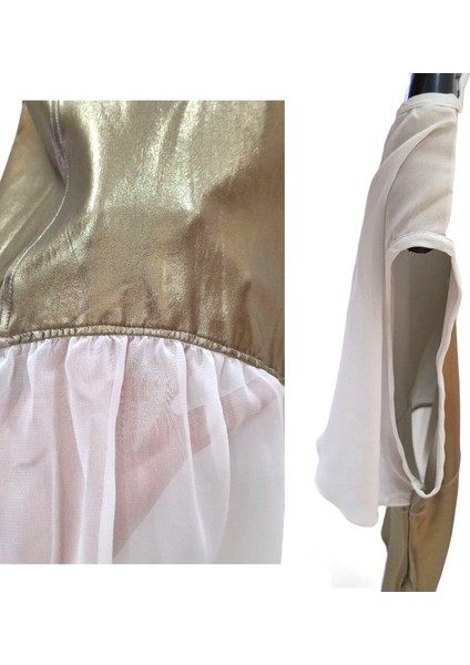38 / M Via Delle Rose Vdr Şifon Suni Deri Karışım Tasarım Gold + Beyaz Tunik / Yelek / Bluz