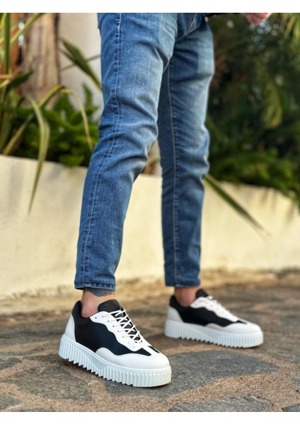 BA0802 Boa Siyah Renk Beyaz Parçalı Yüksek Taban Erkek Günlük Ayakkabı