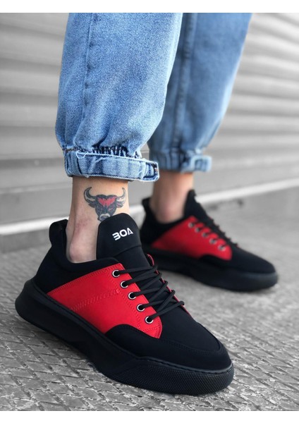BA0163 Bağcıklı Erkek Yüksek Taban Siyah Kırmızı Spor Ayakkabı modelleri