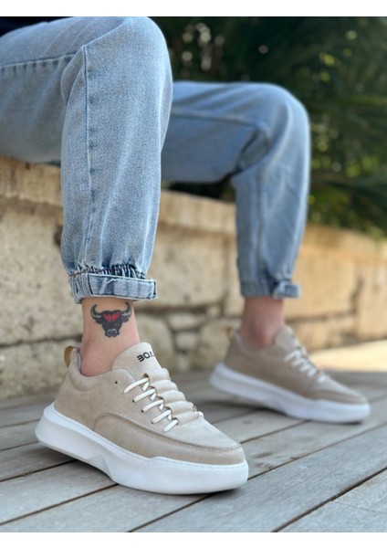 BA0332 Merdiven Desen Bağcıklı Erkek Yüksek Taban Krem Süet Spor Ayakkabı