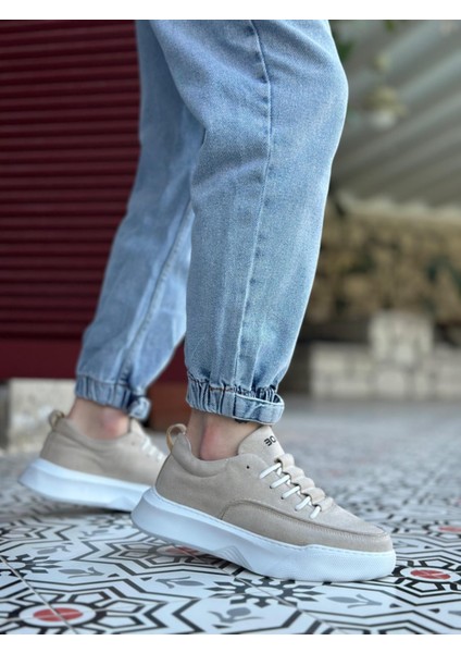 BA0332 Merdiven Desen Bağcıklı Erkek Yüksek Taban Krem Süet Spor Ayakkabı fiyatları