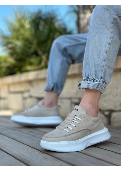 BA0332 Merdiven Desen Bağcıklı Erkek Yüksek Taban Krem Süet Spor Ayakkabı modelleri
