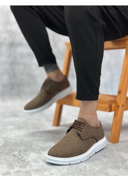 BA0003 Bağcıklı Klasik Spor Keten Kahverengi Beyaz Taban Casual Erkek Ayakkabı