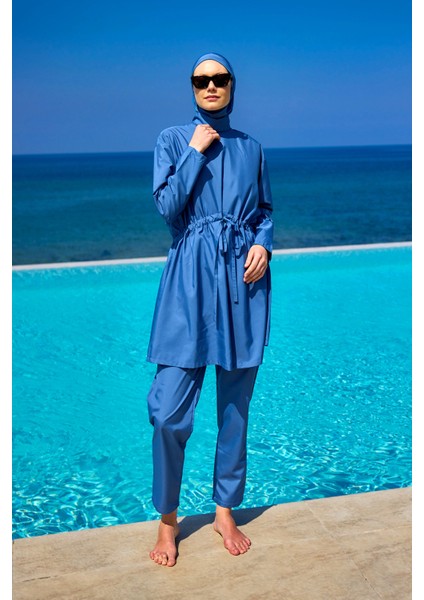 Tam Kapalı Tesettür Mayo Büzgü Detaylı Takım M2502-6 Indigo modelleri