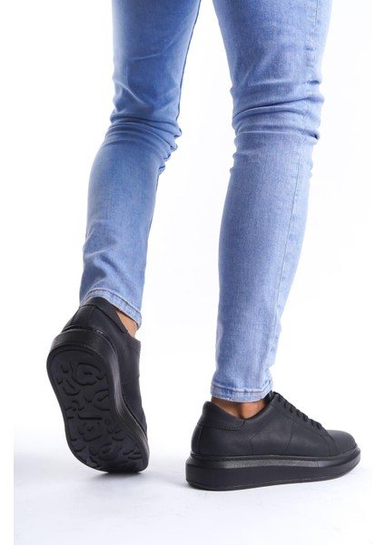 SLW151 Boost Bağcıklı Cilt Erkek Günlük Sneaker Ayakkabı Cst - Siyah