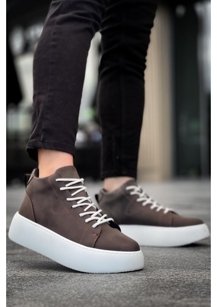 LE10 Bağcıklı Erkek Yüksek Beyaz Taban Kahverengi Spor Bot