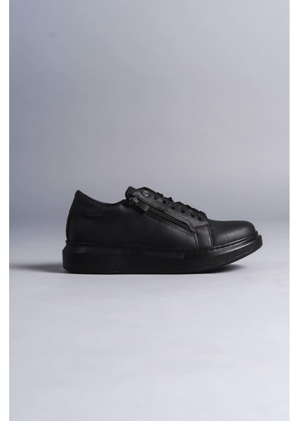 SLW155 Warrior Bağcıklı ve Fermuarlı Cilt Erkek Günlük Sneaker Ayakkabı Cst - Siyah