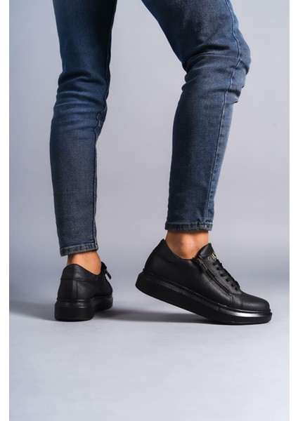 SLW155 Warrior Bağcıklı ve Fermuarlı Cilt Erkek Günlük Sneaker Ayakkabı Cst - Siyah