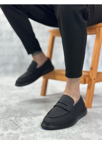 BA0355 Bağcıksız Keten Siyah Taban Klasik Corcik Erkek Ayakkabı