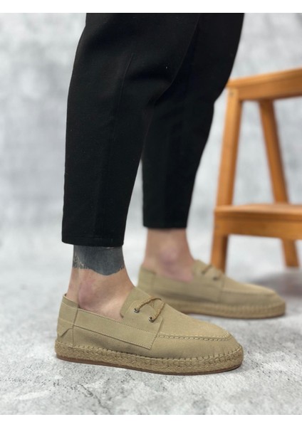 BA0358 Boa Doğal Deri Tozu Bağcıklı Kauçuk El Yapımı Espadril Taban Bej Renk Erkek Ayakkabı