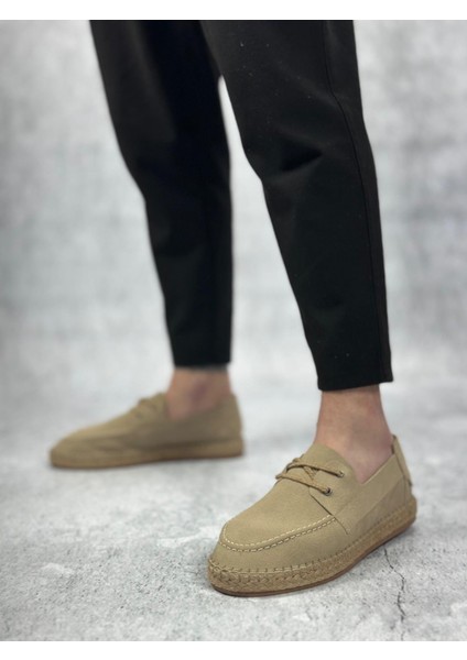 BA0358 Boa Doğal Deri Tozu Bağcıklı Kauçuk El Yapımı Espadril Taban Bej Renk Erkek Ayakkabı modelleri