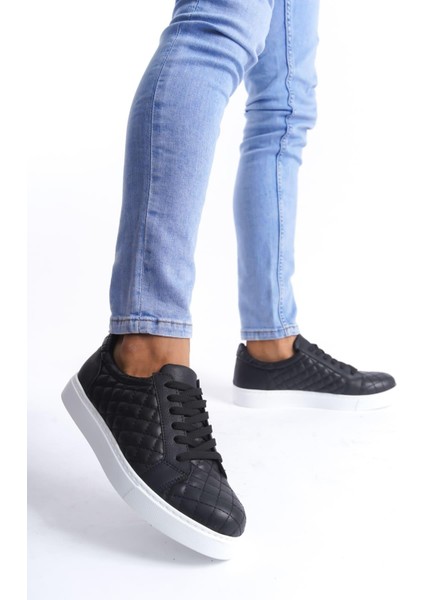 SLW166 Prestige Bağcıklı Cilt Kapitone Desenli Erkek Günlük Sneaker Ayakkabı Cbt - Siyah