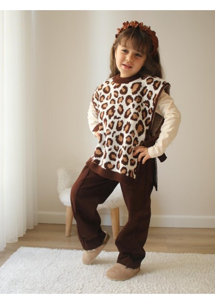Leopar Desenli Süveter Üçlü Kız Çocuk Takımı