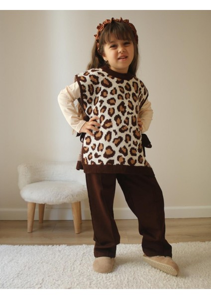 Leopar Desenli Süveter Üçlü Kız Çocuk Takımı modelleri