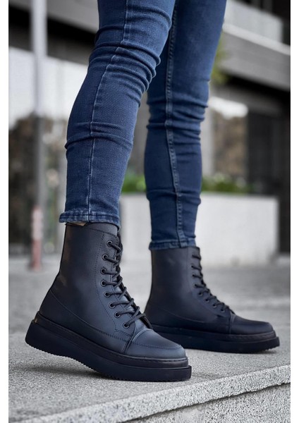 KB-0991 Kuback Siyah Cilt Siyah Yüksek Taban Bağcıklı Postal Bot