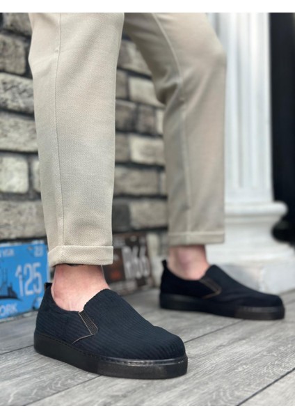 BA0339 Bağcıksız Kadife Siyah Siyah Taban Günlük Erkek Ayakkabı