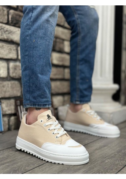 BA0328 Boa Kalın Yüksek Taban Smile Desenli Krem Spor Erkek Ayakkabı