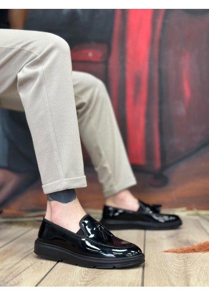 BA0005 Bağcıksız Yüksek Taban Siyah Rugan Klasik Püsküllü Corcik Erkek Ayakkabısı