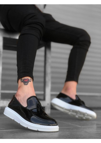 BA0005 Bağcıksız Yüksek Taban Siyah Beyaz Taban Rugan Klasik Püsküllü Corcik Erkek Ayakkabı fiyatları