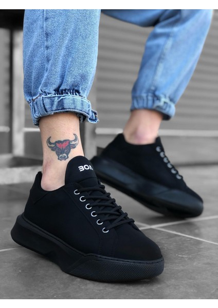 BA0161 Bağcıklı Erkek Yüksek Taban Siyah Spor Ayakkabı