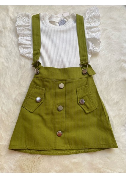 Dantel Kollu Üst ve Salopetli Kız Çocuk Takımı