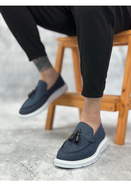 BA0005 Bağcıksız Yüksek Taban Klasik Keten Lacivert Püsküllü Erkek Ayakkabı