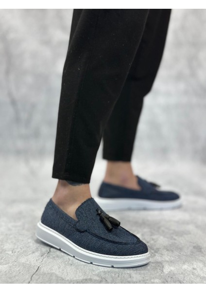 BA0005 Bağcıksız Yüksek Taban Klasik Keten Lacivert Püsküllü Erkek Ayakkabı modelleri