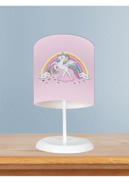 Bebek ve Çocuk Odası Gökuşağı ve Unicorn Desenli Pembe Abajur