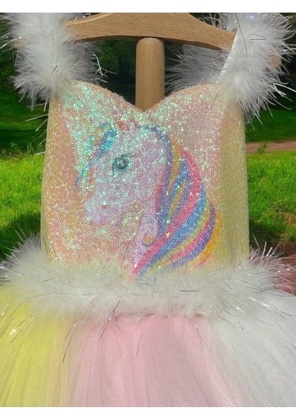 Kız Çocuk Unicorn Etekleri Gökkuşağı Tarlantanlı Abiye Elbise
