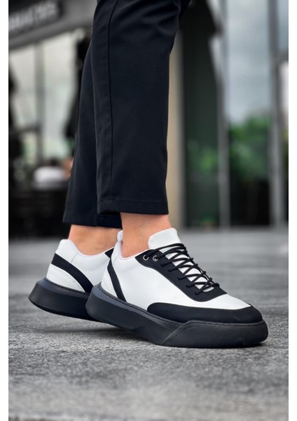 BA0354 Günlük Bağcıklı Erkek Beyaz Parçalı Siyah Yüksek Taban Spor Ayakkabı