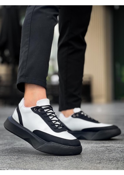 BA0354 Günlük Bağcıklı Erkek Beyaz Parçalı Siyah Yüksek Taban Spor Ayakkabı fiyatları
