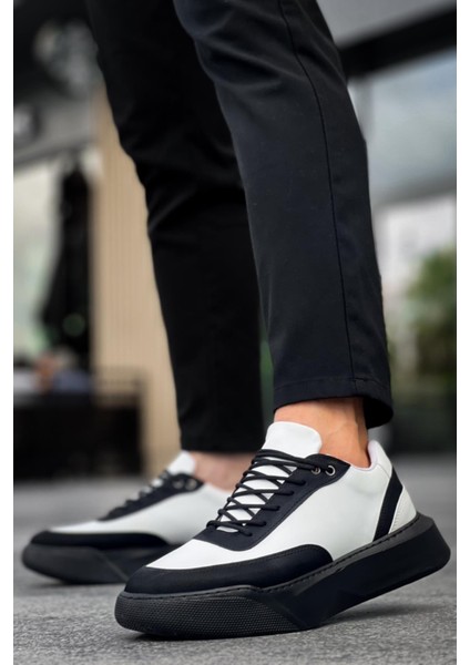 BA0354 Günlük Bağcıklı Erkek Beyaz Parçalı Siyah Yüksek Taban Spor Ayakkabı modelleri