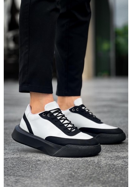 BA0354 Günlük Bağcıklı Erkek Beyaz Parçalı Siyah Yüksek Taban Spor Ayakkabı indirimleri