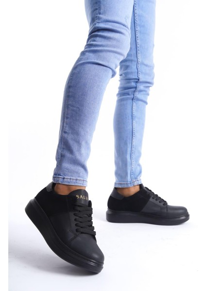 SLW151 Boost Bağcıklı Cilt Süet Erkek Günlük Sneaker Ayakkabı Csst - Siyah