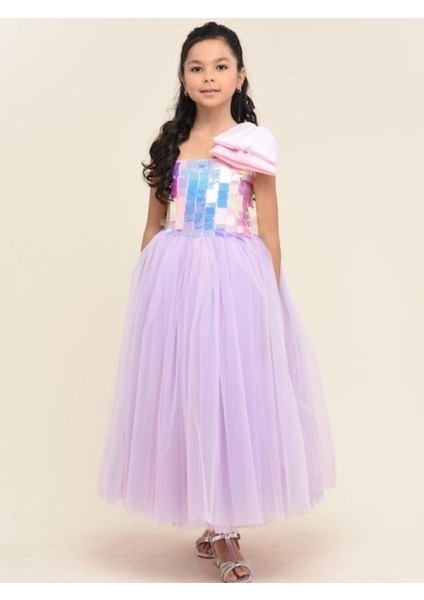 Kız Çocuk Işıltılı Pul Detaylı Tek Omuz Tüllü Uzun Abiye Elbise
