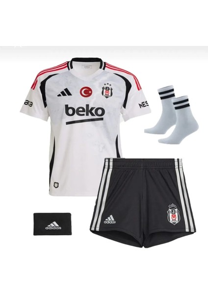 Beşiktaş 24/25 Sezon Harita Desen Kırmızı Şeritli Çocuk Alt Üst Takım T-Shrt Çorap+Bileklik Yanında