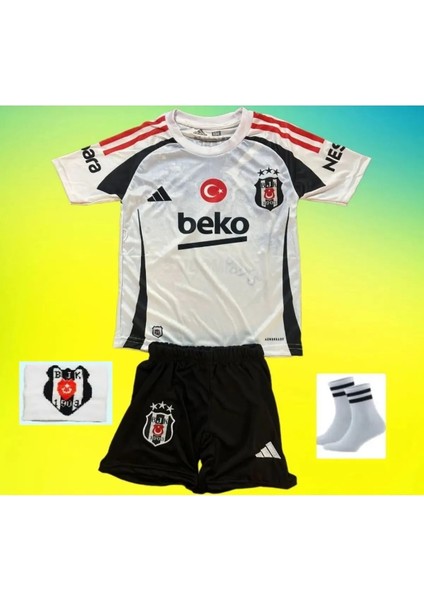 Beşiktaş 24/25 Sezon Harita Desen Kırmızı Şeritli Çocuk Alt Üst Takım T-Shrt Çorap+Bileklik Yanında