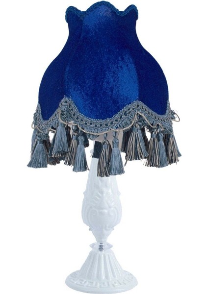 Saks Mavi Kadife Kaplı Vintage Abajur Beyaz Metal Ayak Saks Model 30X50CM AB0762